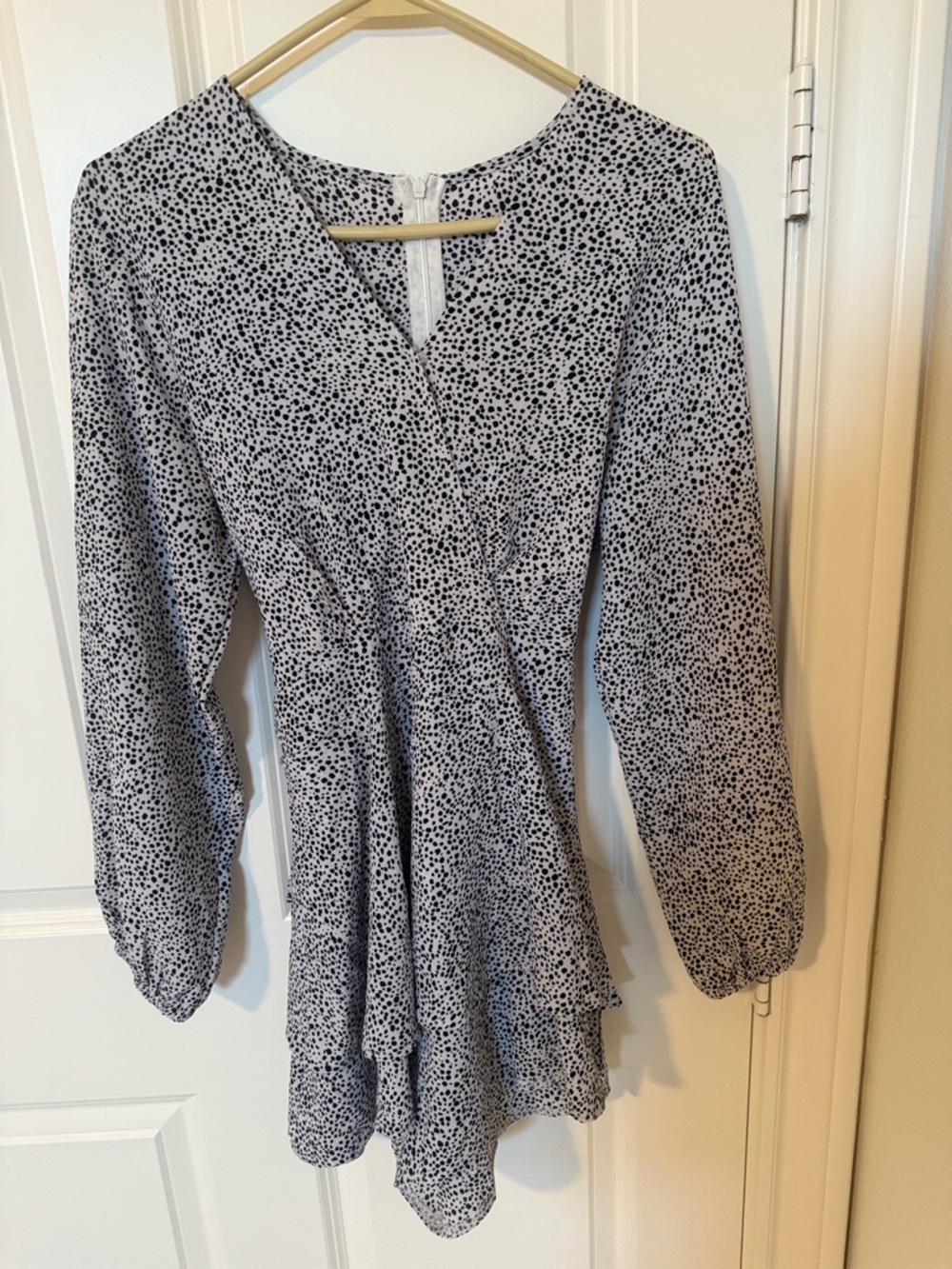 Black and White Speckle Wrap-Style Long Sleeve Romper